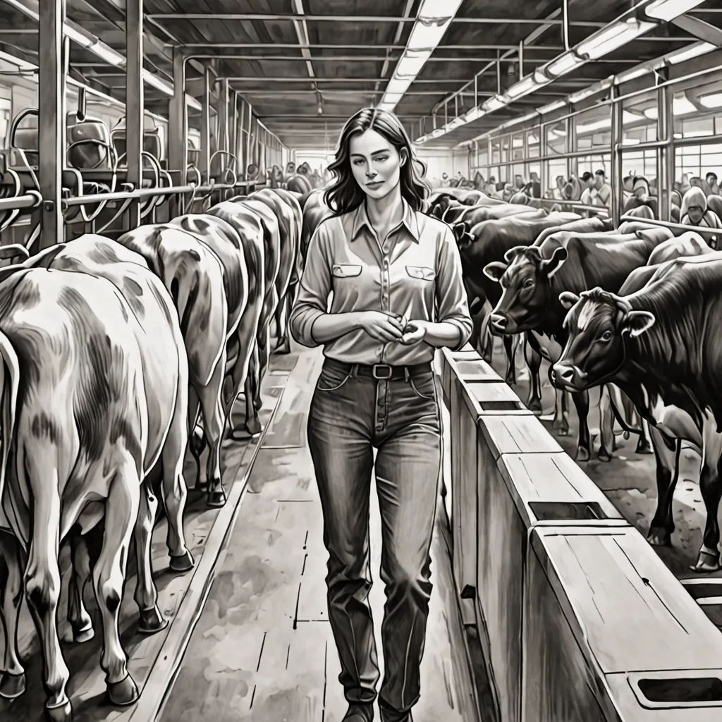 a woman standing in a room filled with cows in a pen and ink drawing style, with a pen and ink drawing style of a woman standing in a room filled with cows in, David Palumbo, modern european ink painting, an ultrafine detailed painting, ultra realistic illustration