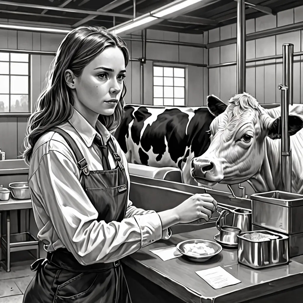 a woman is milking a cow in a barn with a cow in the background and a cow in the foreground, F. Scott Hess, american scene painting, an ultrafine detailed painting, ultra realistic illustration