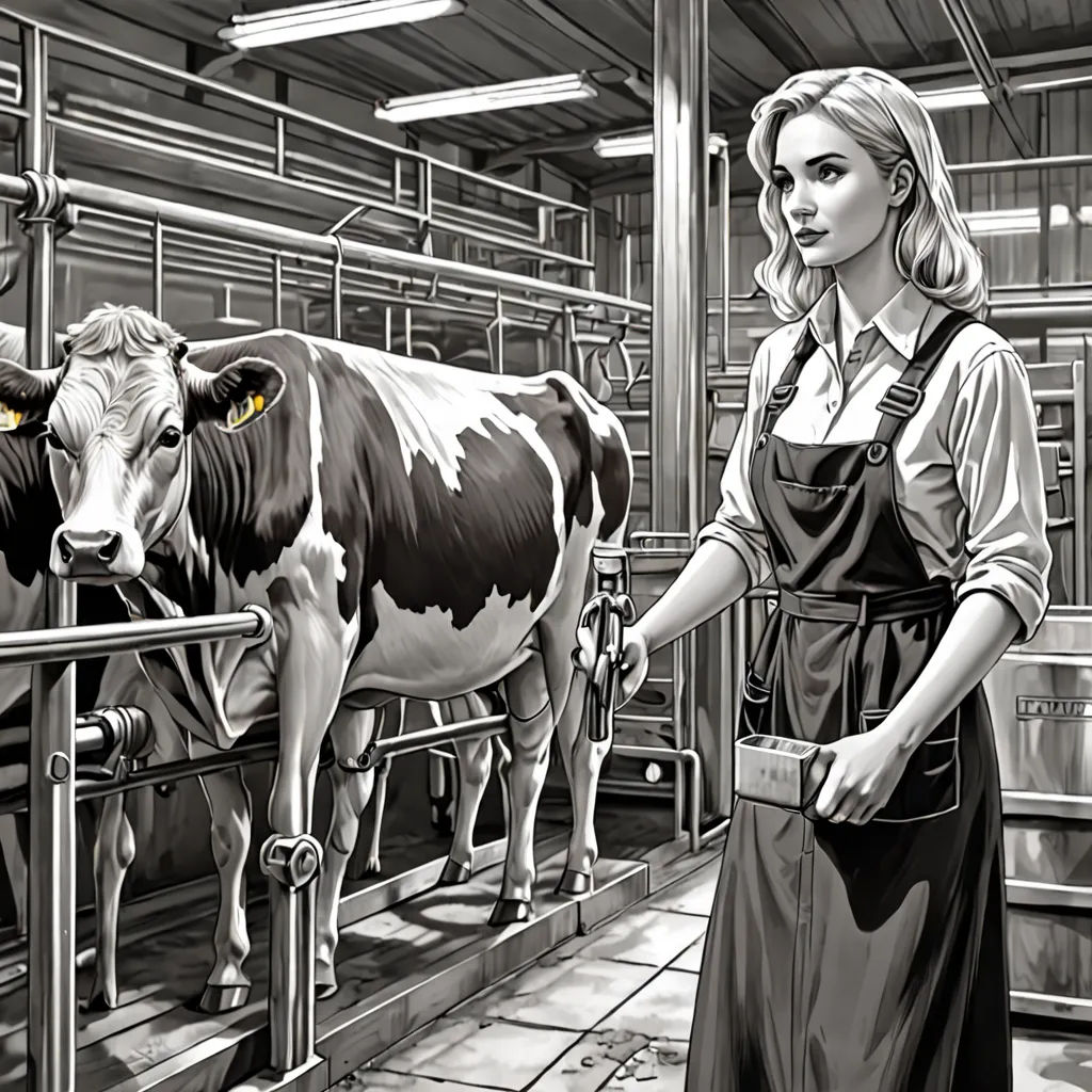 a woman standing next to a cow in a barn with a fence and a cow in the background with a cow in the foreground, F. Scott Hess, american scene painting, a comic book panel, promotional image