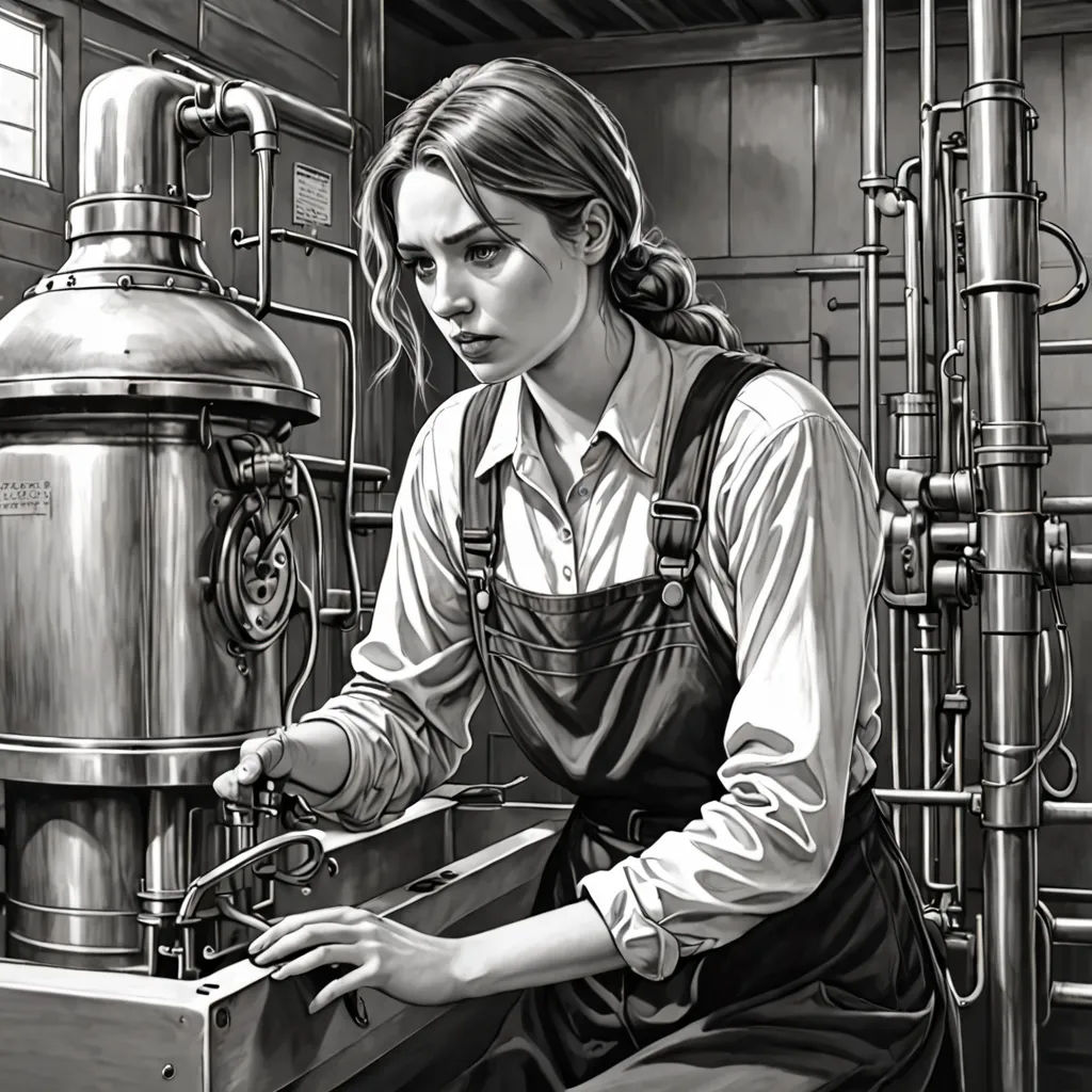 a woman in an apron working on a machine in a factory or factory with a large tank behind her, F Scott Hess, les automatistes, an ultrafine detailed painting, high detail illustration