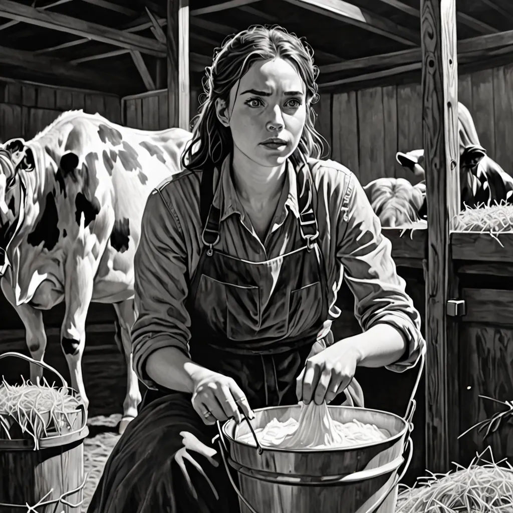 a woman is milking a cow in a barn with hay in buckets and cows in the background, David Palumbo, american scene painting, an ultrafine detailed painting, highly detailed digital painting