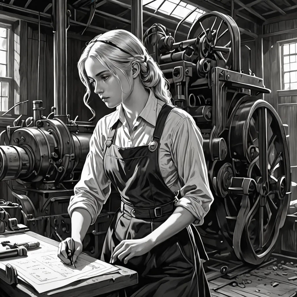 a woman in an apron working on a machine in a factory with a paper and pen in her hand, Charlie Bowater, les automatistes, a comic book panel, stanley artgerm lau