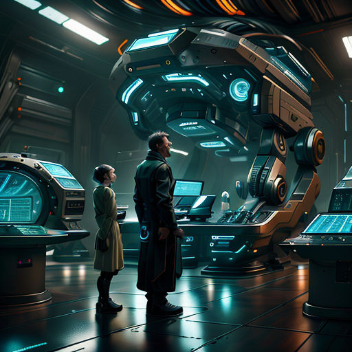 a man and a woman standing in a room with a sci - fi fi fi machine in the background