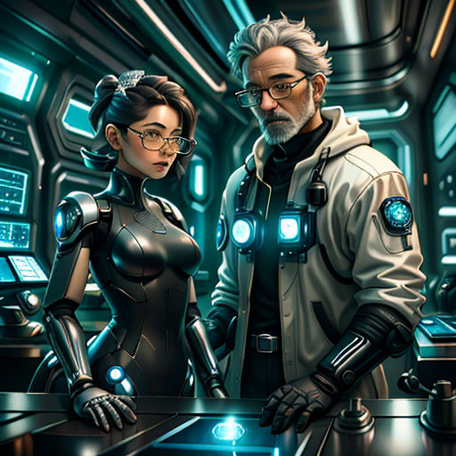 a man and a woman in a sci - fi fi fi suit standing in a futuristic space station with a computer screen
