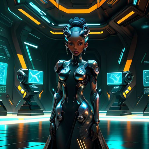 a woman in a futuristic suit standing in a room with a lot of lights on the ceiling and a lot of monitors