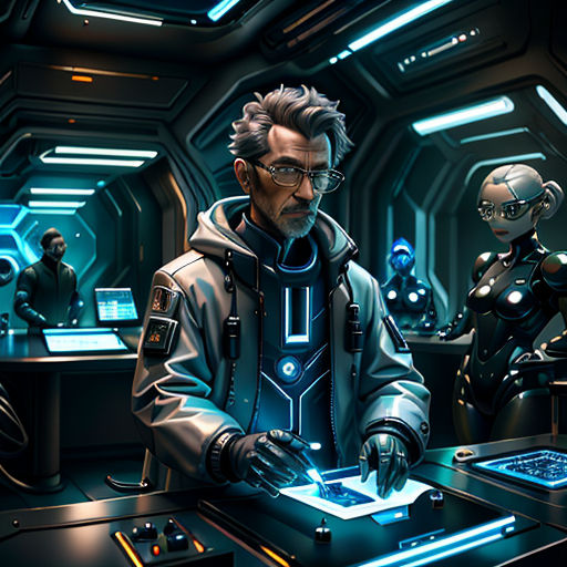 a man in a futuristic suit standing in front of a computer screen and a robot in the background with a glowing light