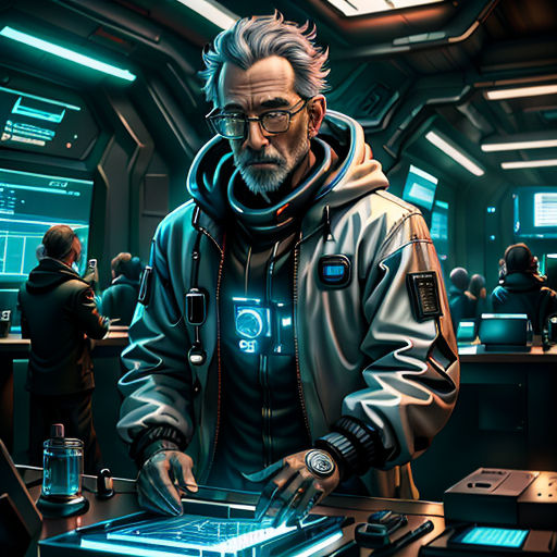 a man in a space station with a tablet computer in his hand and a man in a hoodie looking at the screen