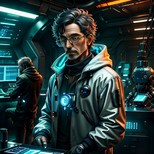 a man in a space station with a computer and a robot in his hand and a man in a space suit
