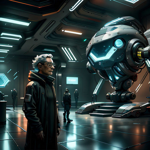 a man standing in a room with a robot in the background and a man in a black coat looking at a robot