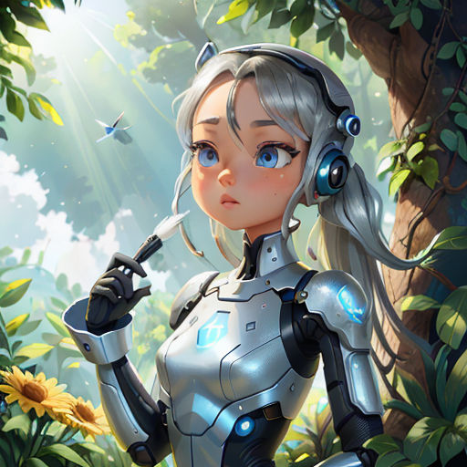 a woman in a futuristic suit holding a gun in a forest with sunflowers and butterflies in the background