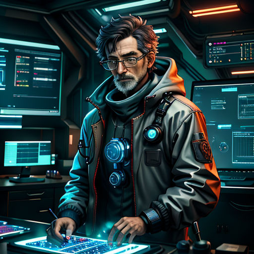 a man in a space suit is using a laptop computer in a control room with many monitors and screens