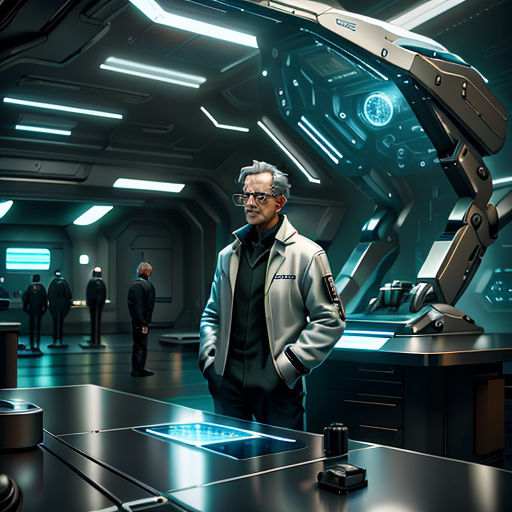 a man standing in a room with a sci - fi theme on the wall and a sci - fi theme on the ceiling