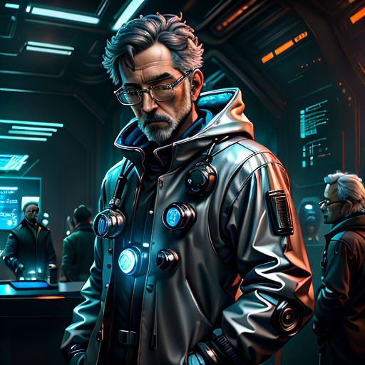 a man in a futuristic suit standing in a room with other people looking at him and a man in a futuristic suit standing in front of him