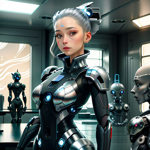 a woman in a futuristic suit standing next to a robot in a room with other humanoids in the background