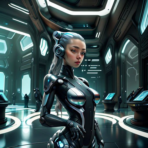 a futuristic woman in a sci - fi fi fi suit standing in a futuristic space station with a cell phone