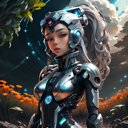 a woman in a futuristic suit standing in a field of flowers and trees with a sky background and clouds
