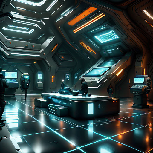 a futuristic space station with a man and a woman standing in the center of the room and looking at the screen