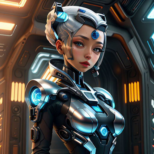 a woman in a futuristic suit with a sci - fidget on her chest and a sci - fidget on her shoulder