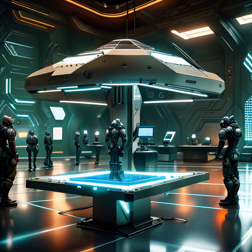a sci - fi space station with a large space ship in the background and a group of people standing around