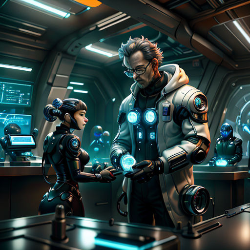 a man and a woman in a sci - fi setting with a robot in the background and a man in a suit and tie