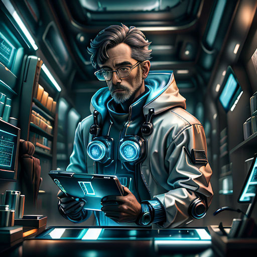 a man in a space suit holding a tablet computer in a dark room with shelves of books and electronic equipment