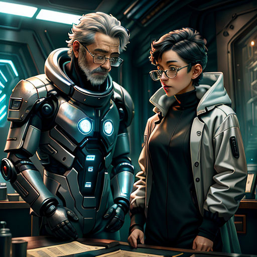 a man and a woman standing next to each other in a room with a robot suit on and a man in a black jacket