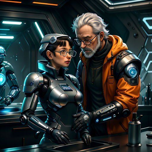 a man and a woman in a sci - fi fi fi setting with a robot in the background and a man in a yellow jacket