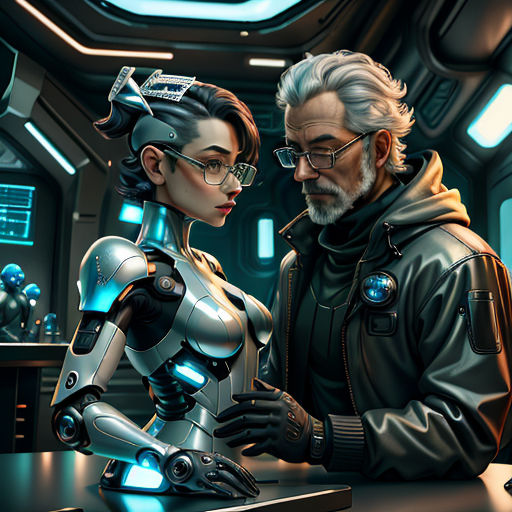 a man and a woman are looking at a robot in a sci - fi fi fifififififififififice