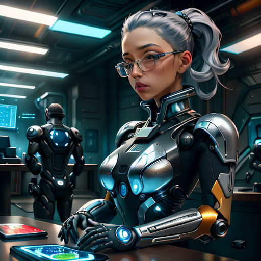a woman in a sci - fi fi suit is sitting at a desk with a tablet and a robot behind her