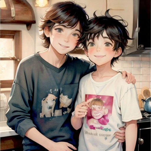 a boy and girl are standing in a kitchen together, one is holding a picture of a boy and the other is holding a picture of a girl