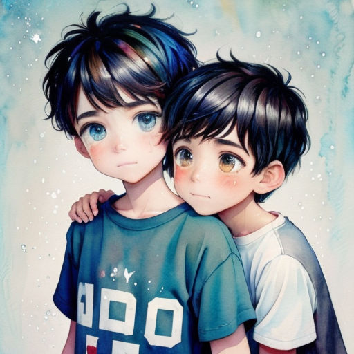 two children are hugging each other in a painting style of two children with blue eyes and black hair, one boy has his arm around the other boy's shoulder