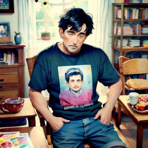 a man sitting in a chair with his hands on his hips and a picture of him on his shirt