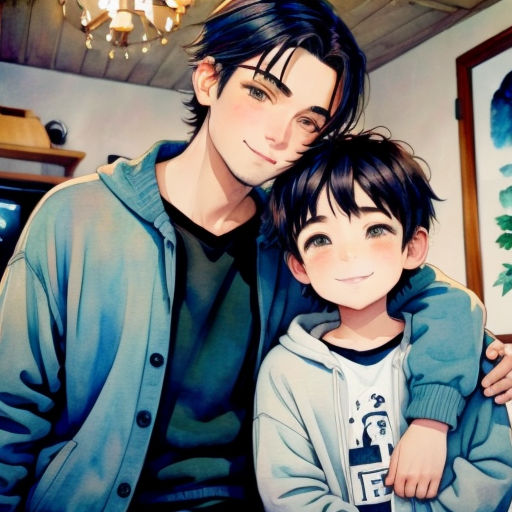 a man and a boy are posing for a picture together in a room with a chandelier and a painting of a tree
