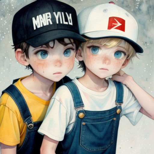 two children with blue eyes and a hat on their heads, one is wearing overalls and the other is wearing a baseball cap