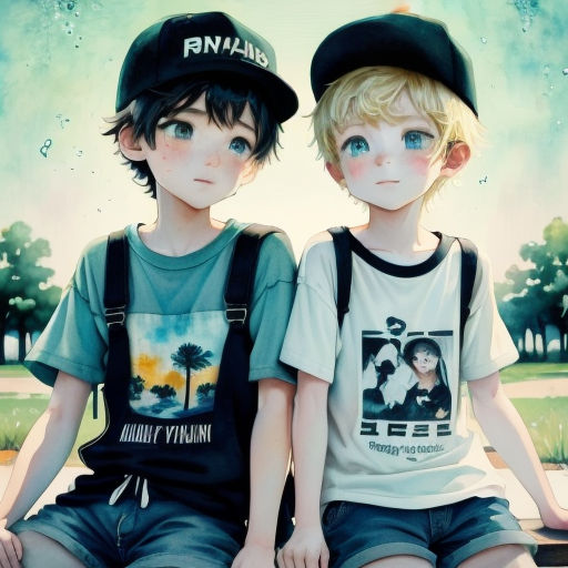 two boys sitting on a bench with their backs to each other, wearing hats and shirts with pictures of them