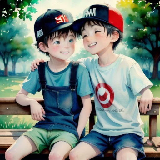 two boys sitting on a bench with their arms around each other and smiling at the camera, with trees in the background