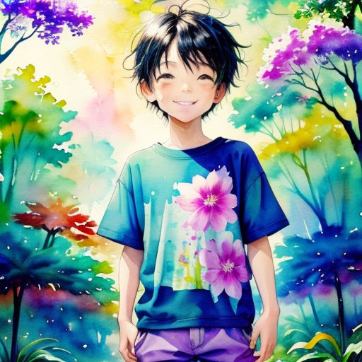a painting of a boy standing in front of a forest with flowers on his shirt and purple pants and a blue shirt