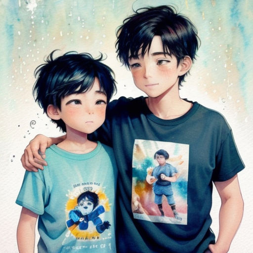 a boy and a boy are standing together with their arms around each other and their picture is of a boy with a bear on his chest