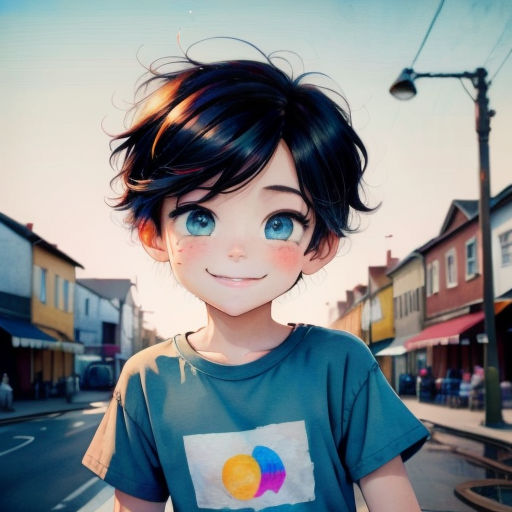 a young boy with a blue shirt and a smile on his face standing on a street corner with a street light in the background