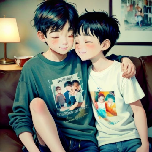 a couple of kids sitting on top of a couch next to each other on a couch together with a lamp