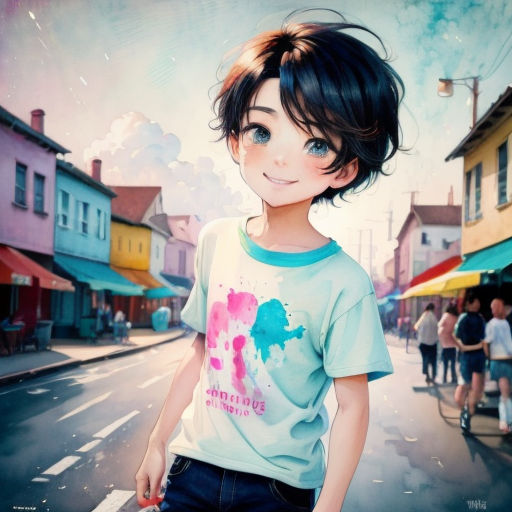 a digital painting of a young girl in a street with buildings and people in the background, with a sky background