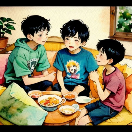 three children sitting on a couch eating food together, with a dog in the background, and a potted plant in the foreground