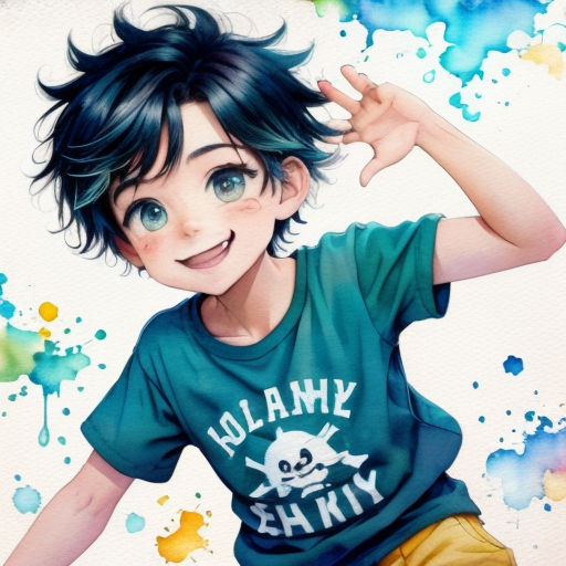 a painting of a boy with a blue shirt and yellow shorts and a skull on his shirt and a blue background