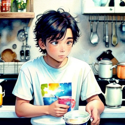 a painting of a boy sitting at a table with a cup of coffee in front of him and a painting of a picture of a boy on the table