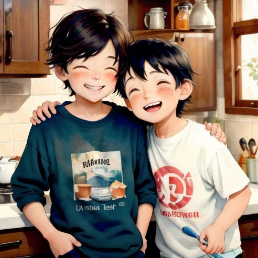 two children standing next to each other in a kitchen with a sink and cabinets behind them and a painting of a boy and girl smiling