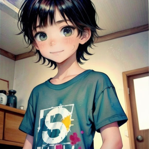 a young boy with a short black hair and a green shirt with a number on it, standing in a kitchen