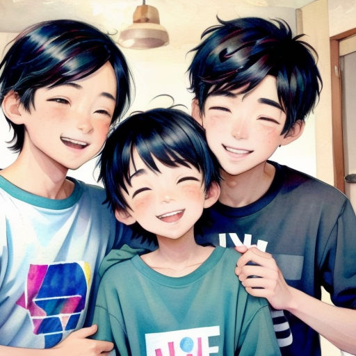 three asian children are smiling for the camera while posing for a picture together in a kitchen with a sink and a light fixture