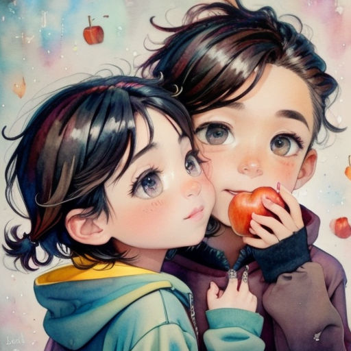 two children are holding an apple together in the air with autumn leaves falling around them and falling around them