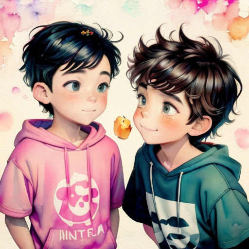 two young boys standing next to each other with a bird on their ear and a pink background with watercolor spots