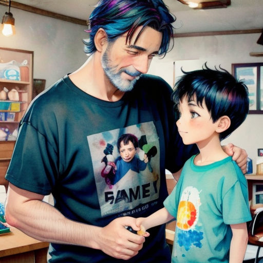 a man and a boy standing in a room with a poster on the wall behind them and a table with a laptop on it